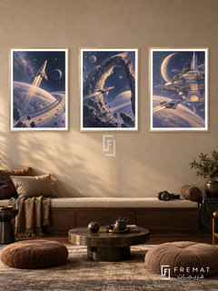 Cosmic Voyage — set of three complementary gaming artworks in Gold frames, shown at 50×70 cm each.