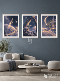 Cosmic Voyage — set of three complementary gaming artworks in White frames, shown at 50×70 cm each.