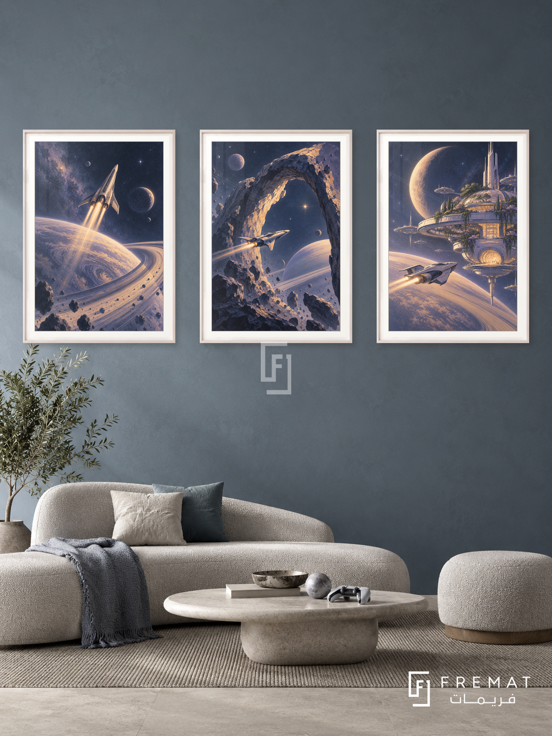 Cosmic Voyage — set of three complementary gaming artworks in White frames, shown at 50×70 cm each.