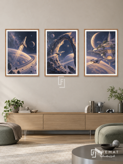 Cosmic Voyage — set of three complementary gaming artworks in Wooden Texture frames, shown at 50×70 cm each.