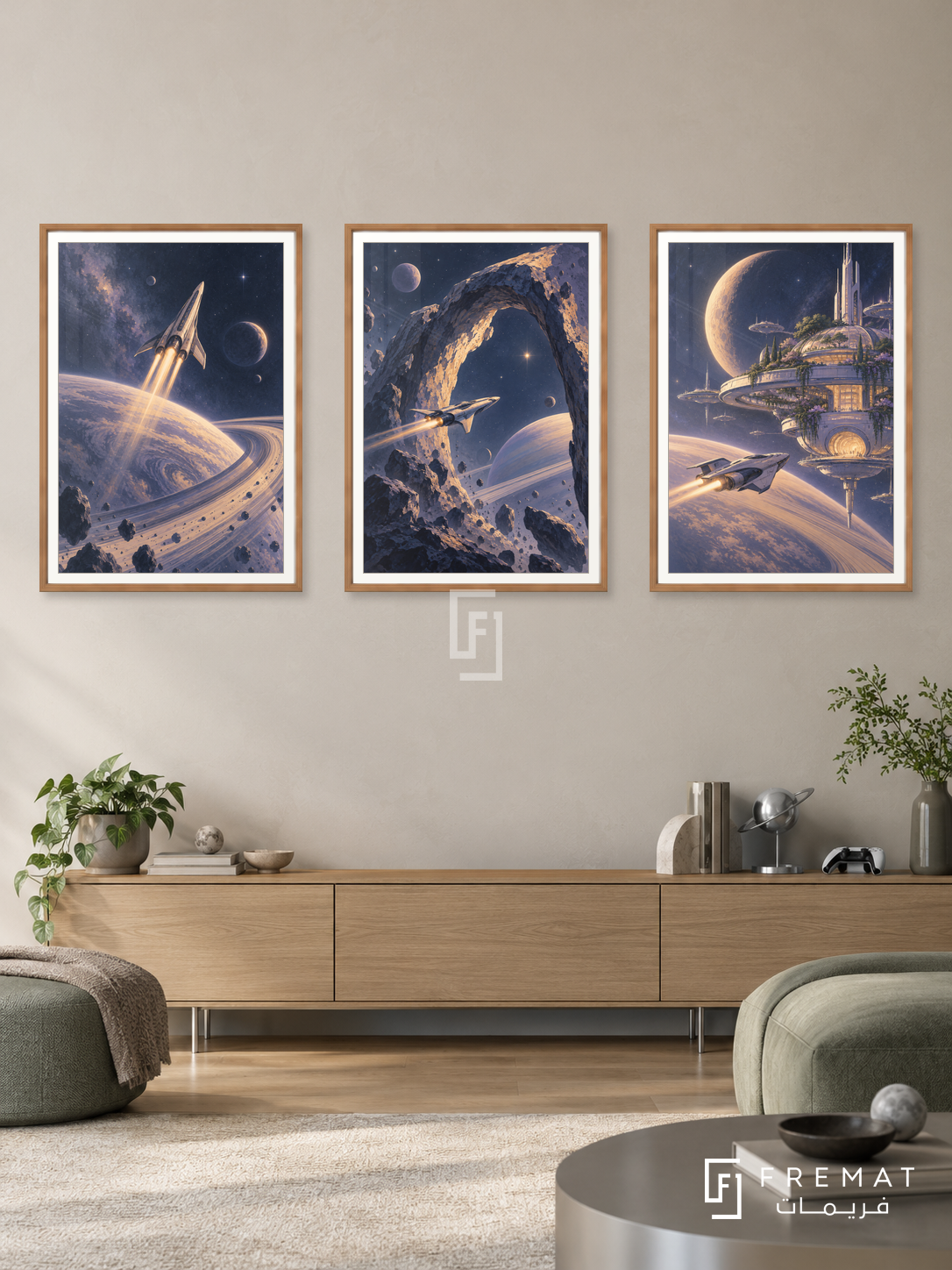 Cosmic Voyage — set of three complementary gaming artworks in Wooden Texture frames, shown at 50×70 cm each.