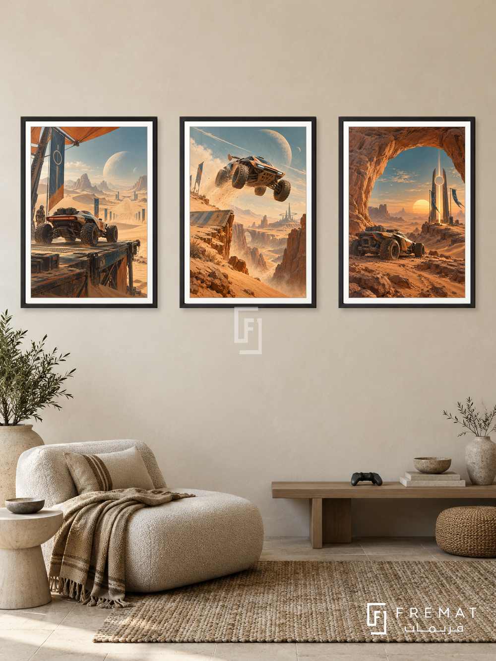 Desert Racer — set of three complementary gaming artworks in Black frames, shown at 50×70 cm each.