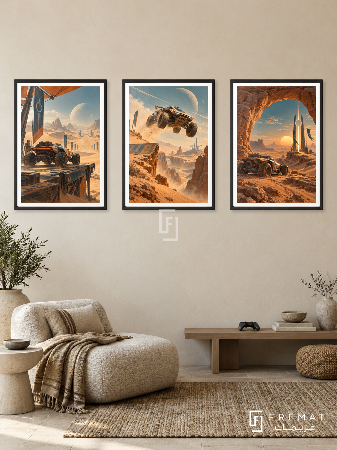 Desert Racer — set of three complementary gaming artworks in Black frames, shown at 50×70 cm each.