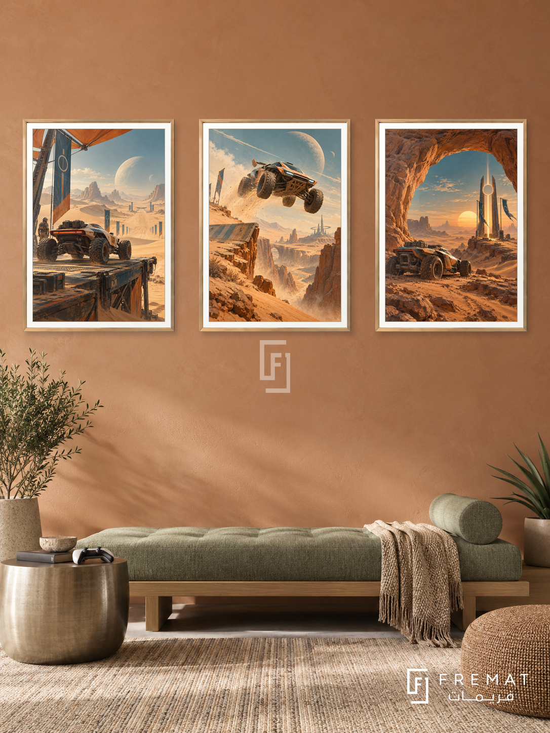 Desert Racer — set of three complementary gaming artworks in Gold frames, shown at 50×70 cm each.