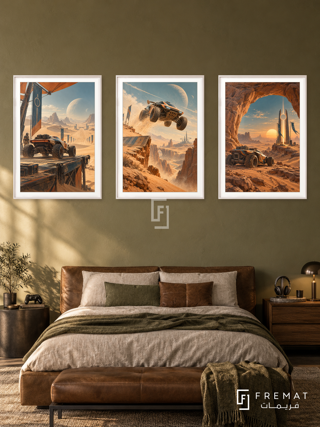 Desert Racer — set of three complementary gaming artworks in White frames, shown at 50×70 cm each.