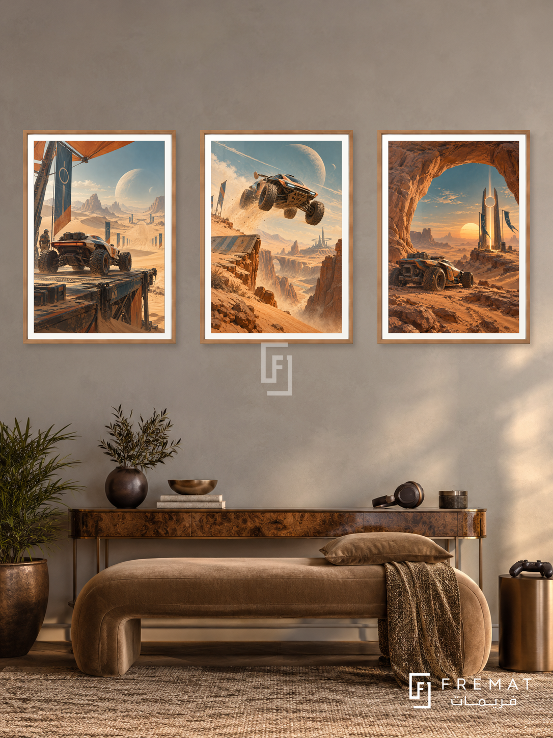 Desert Racer — set of three complementary gaming artworks in Wooden Texture frames, shown at 50×70 cm each.