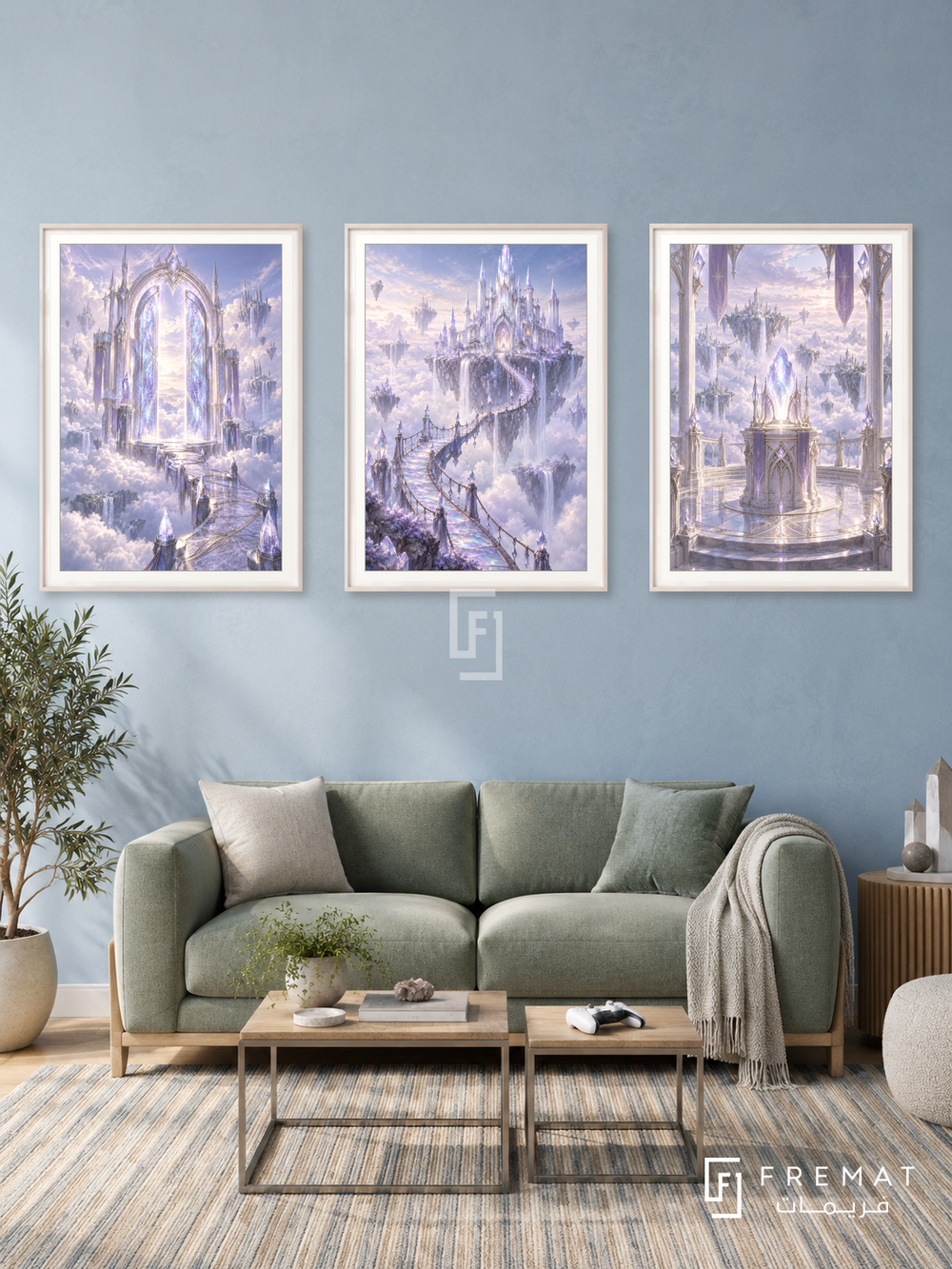 Crystal Kingdom — set of three complementary gaming artworks in White frames, shown at 50×70 cm each.