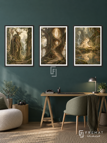 Forest Guardian — set of three complementary gaming artworks in Black frames, shown at 50×70 cm each.