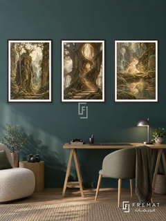 Forest Guardian — set of three complementary gaming artworks in Black frames, shown at 50×70 cm each.