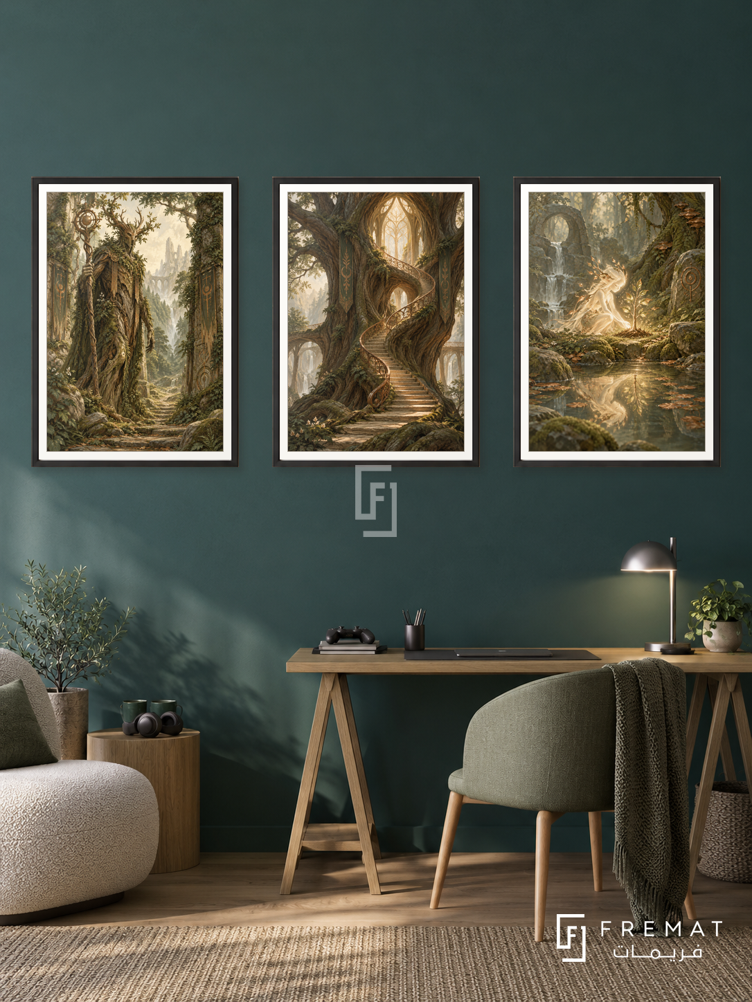 Forest Guardian — set of three complementary gaming artworks in Black frames, shown at 50×70 cm each.