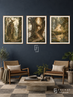 Forest Guardian — set of three complementary gaming artworks in Gold frames, shown at 50×70 cm each.
