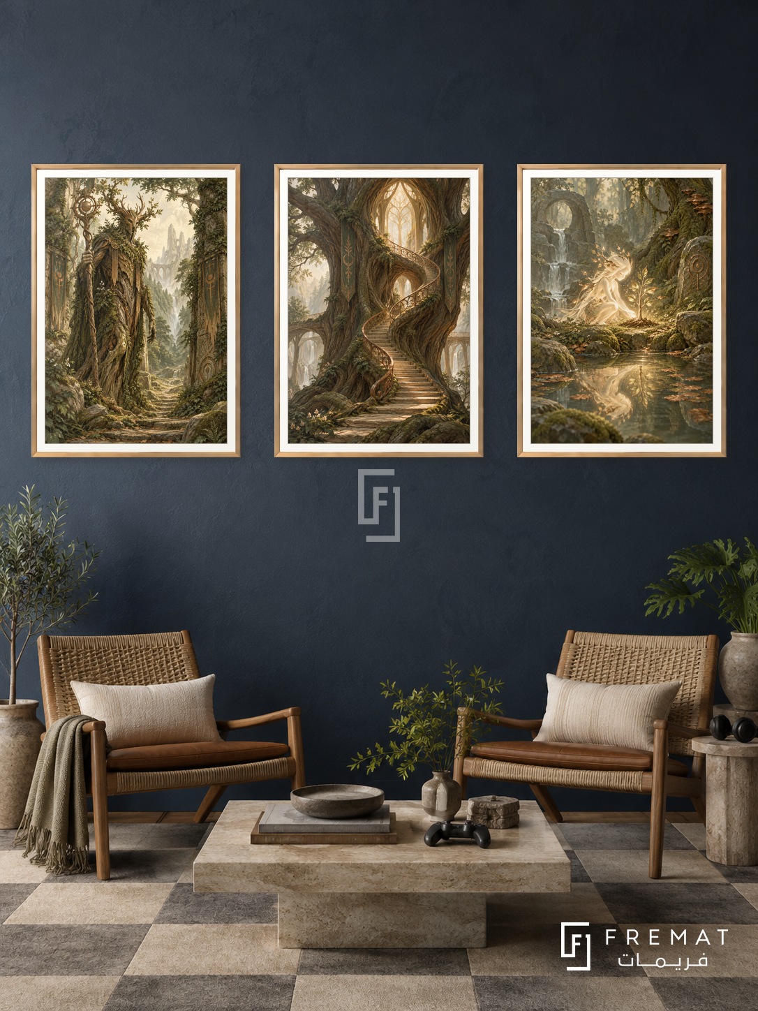 Forest Guardian — set of three complementary gaming artworks in Gold frames, shown at 50×70 cm each.