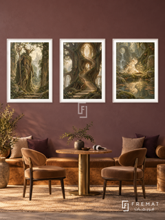 Forest Guardian — set of three complementary gaming artworks in White frames, shown at 50×70 cm each.
