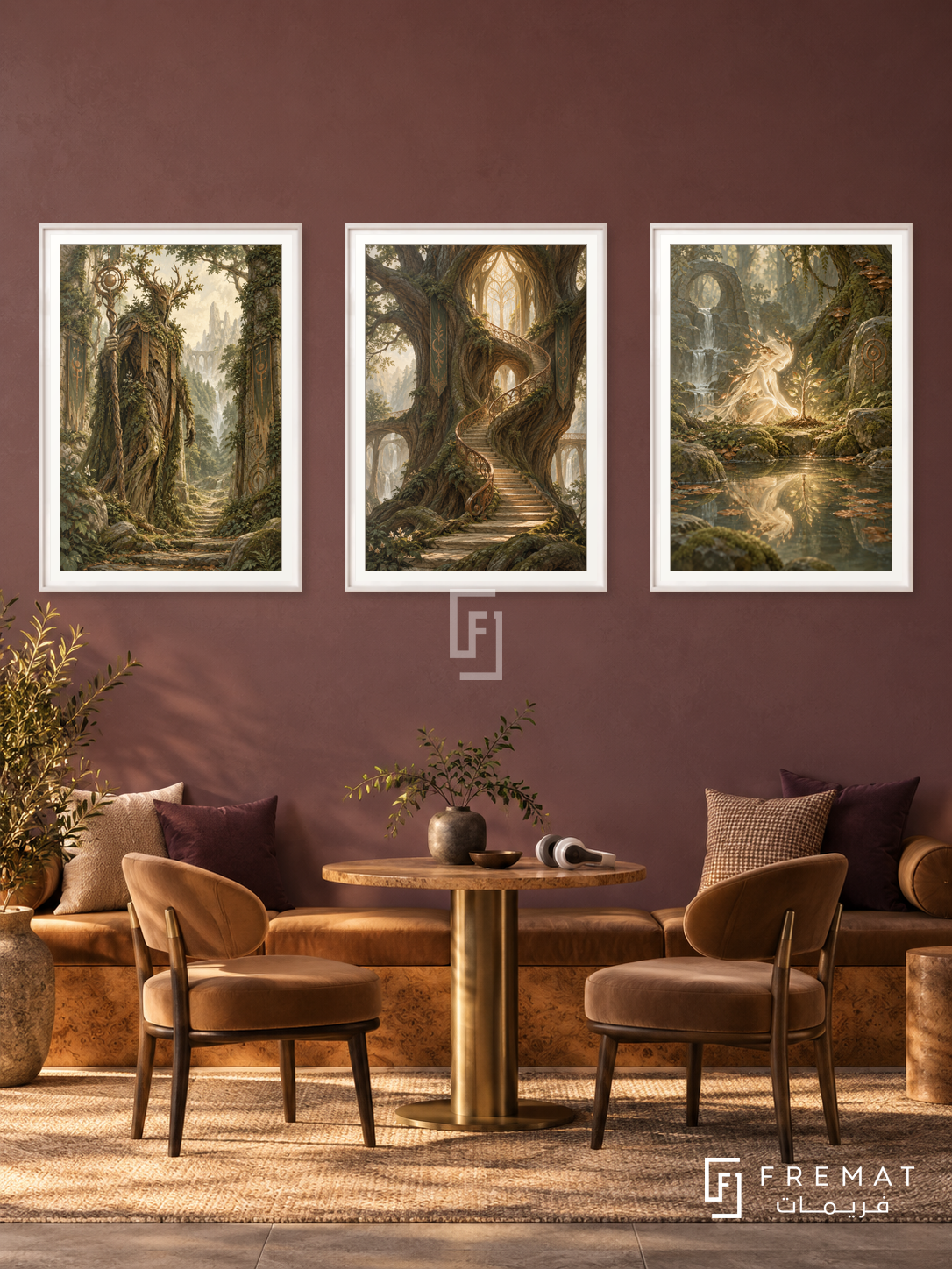 Forest Guardian — set of three complementary gaming artworks in White frames, shown at 50×70 cm each.
