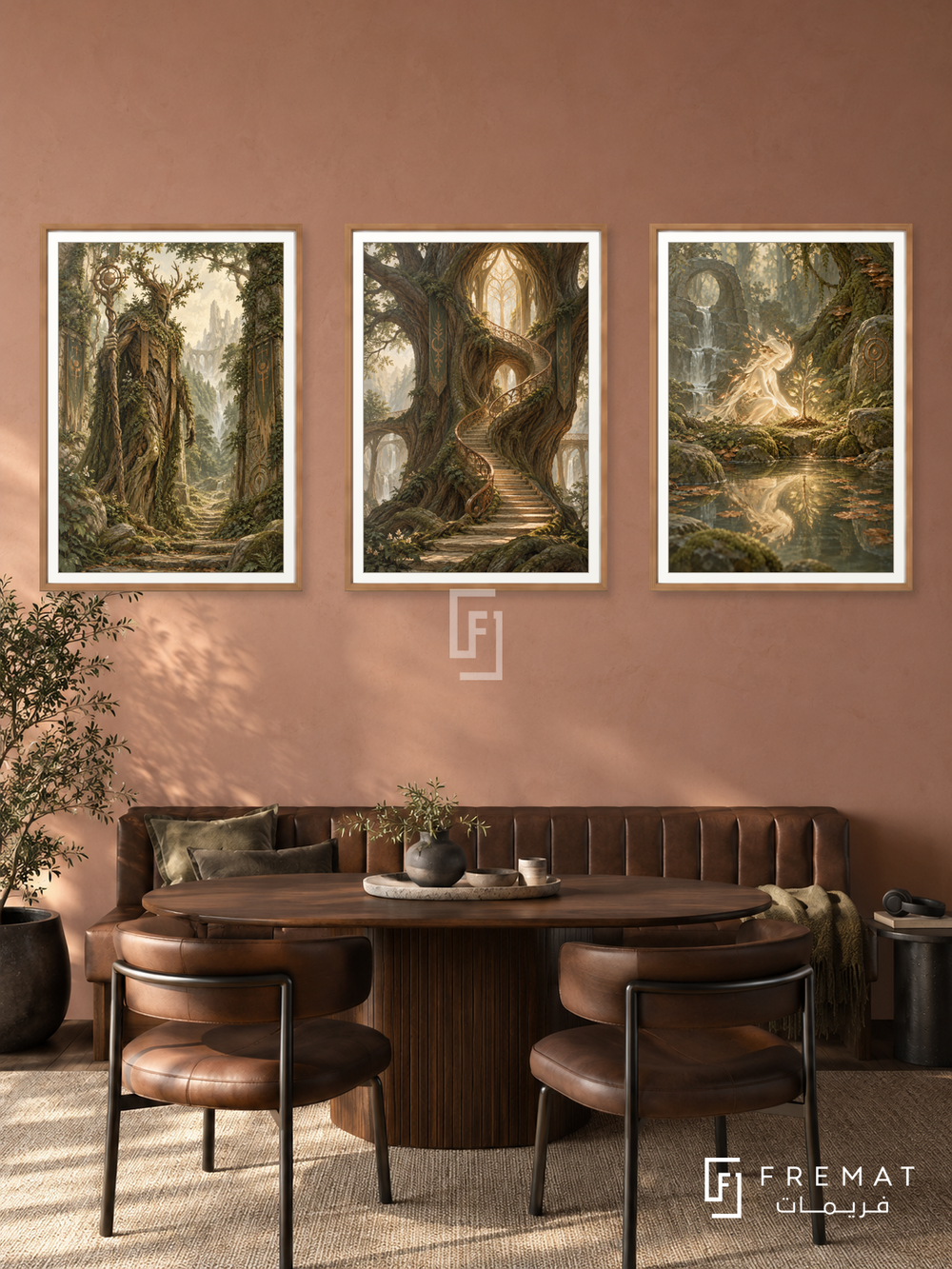 Forest Guardian — set of three complementary gaming artworks in Wooden Texture frames, shown at 50×70 cm each.