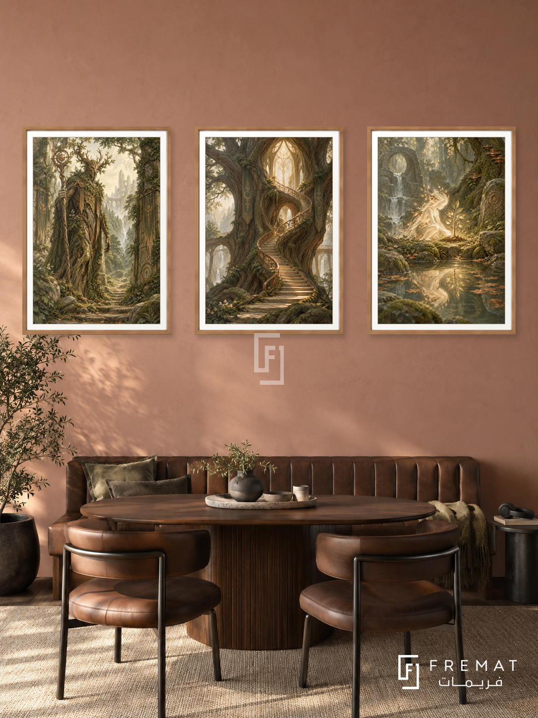 Forest Guardian — set of three complementary gaming artworks in Wooden Texture frames, shown at 50×70 cm each.