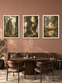 Forest Guardian — set of three complementary gaming artworks in Wooden Texture frames, shown at 50×70 cm each.