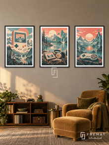 Retro Handheld — set of three complementary gaming artworks in Black frames, shown at 50×70 cm each.
