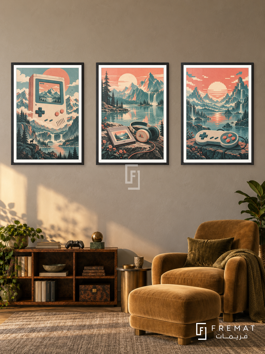 Retro Handheld — set of three complementary gaming artworks in Black frames, shown at 50×70 cm each.