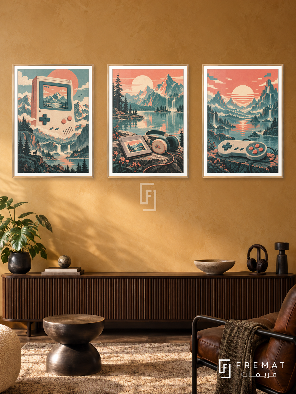 Retro Handheld — set of three complementary gaming artworks in Gold frames, shown at 50×70 cm each.