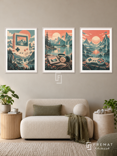 Retro Handheld — set of three complementary gaming artworks in White frames, shown at 50×70 cm each.