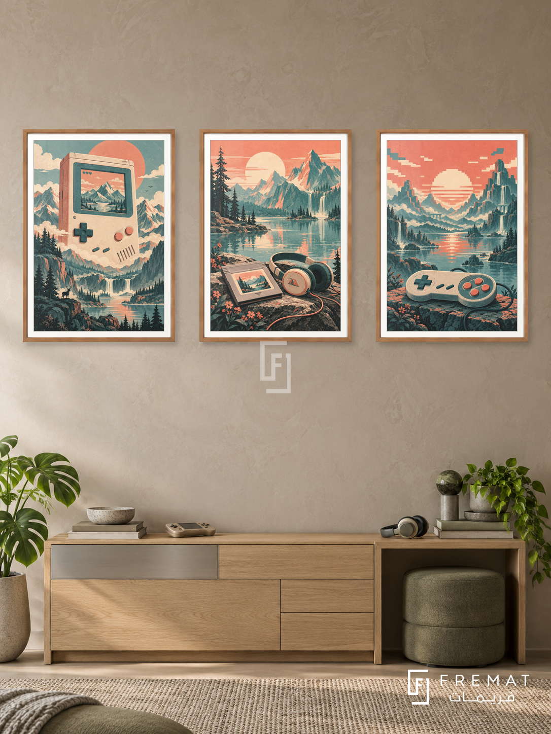 Retro Handheld — set of three complementary gaming artworks in Wooden Texture frames, shown at 50×70 cm each.