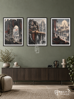 Mecha Guardians — set of three complementary gaming artworks in Black frames, shown at 50×70 cm each.