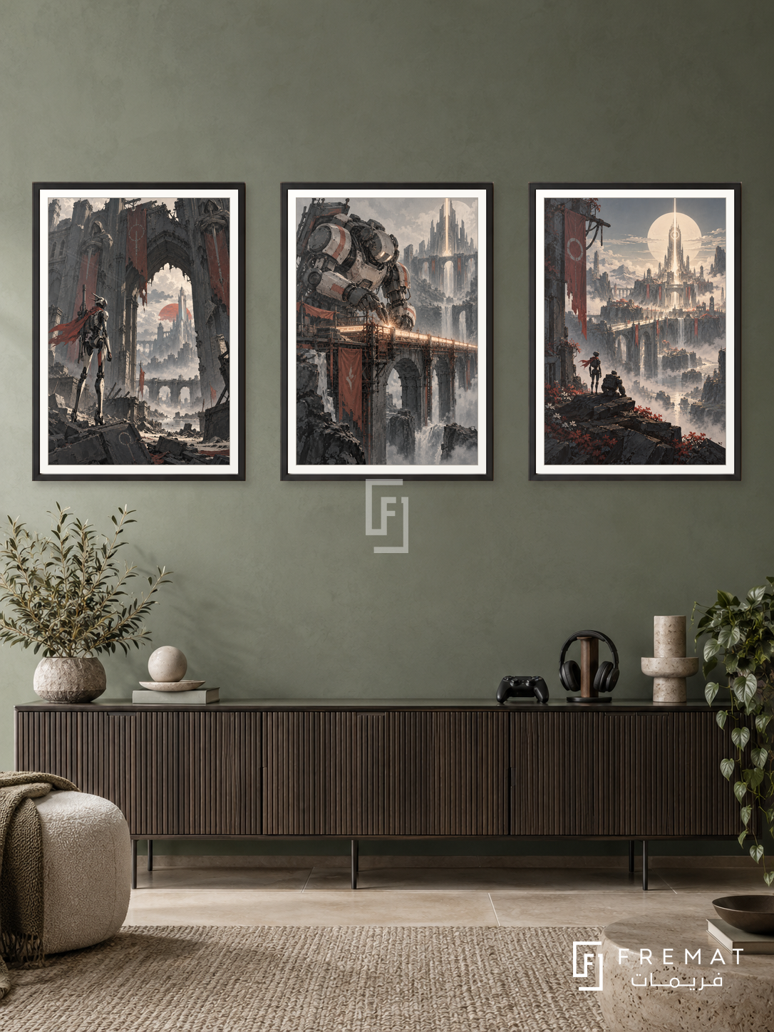 Mecha Guardians — set of three complementary gaming artworks in Black frames, shown at 50×70 cm each.