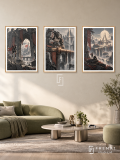 Mecha Guardians — set of three complementary gaming artworks in Gold frames, shown at 50×70 cm each.
