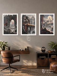 Mecha Guardians — set of three complementary gaming artworks in White frames, shown at 50×70 cm each.