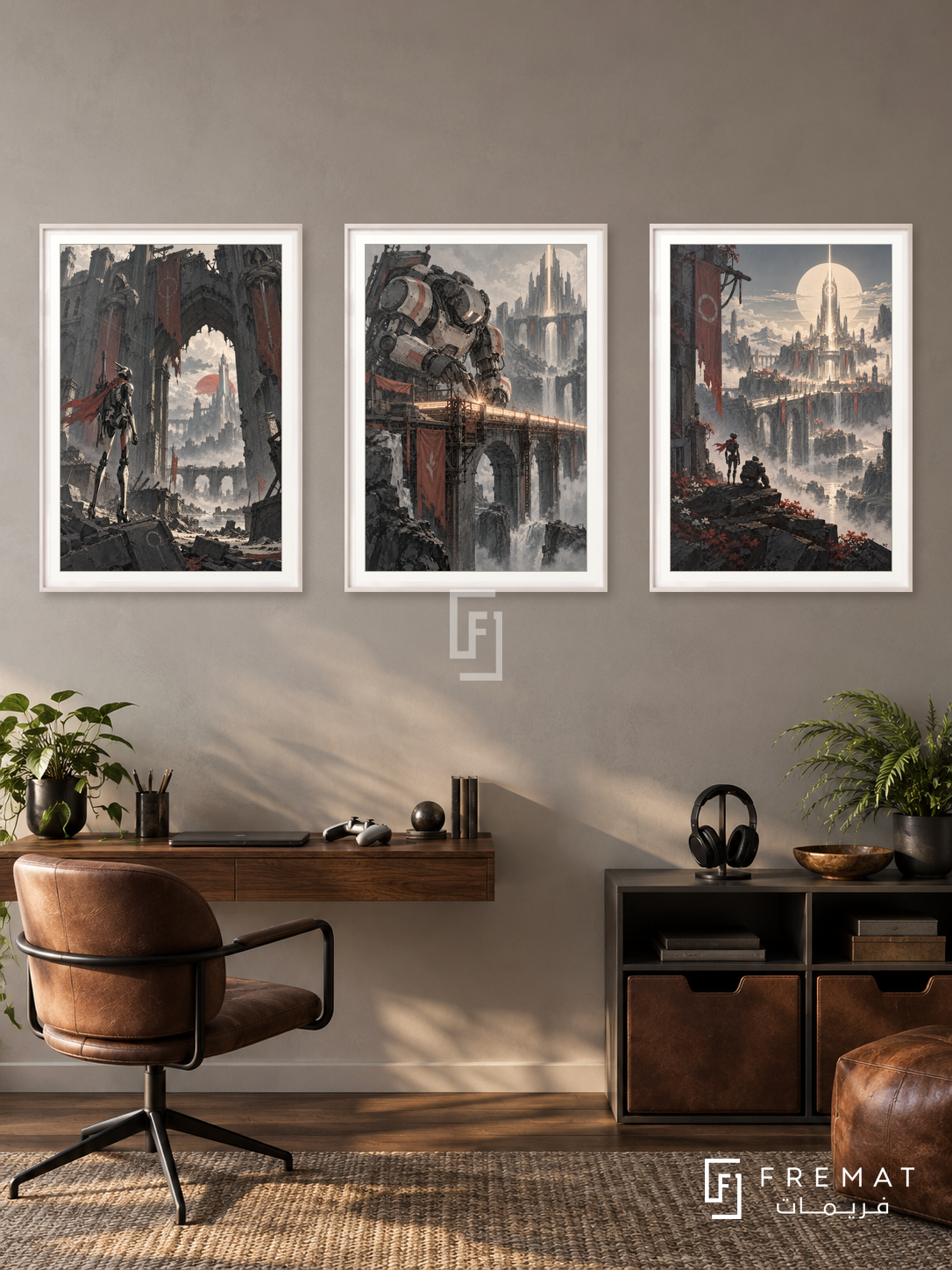 Mecha Guardians — set of three complementary gaming artworks in White frames, shown at 50×70 cm each.