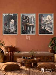 Mecha Guardians — set of three complementary gaming artworks in Wooden Texture frames, shown at 50×70 cm each.