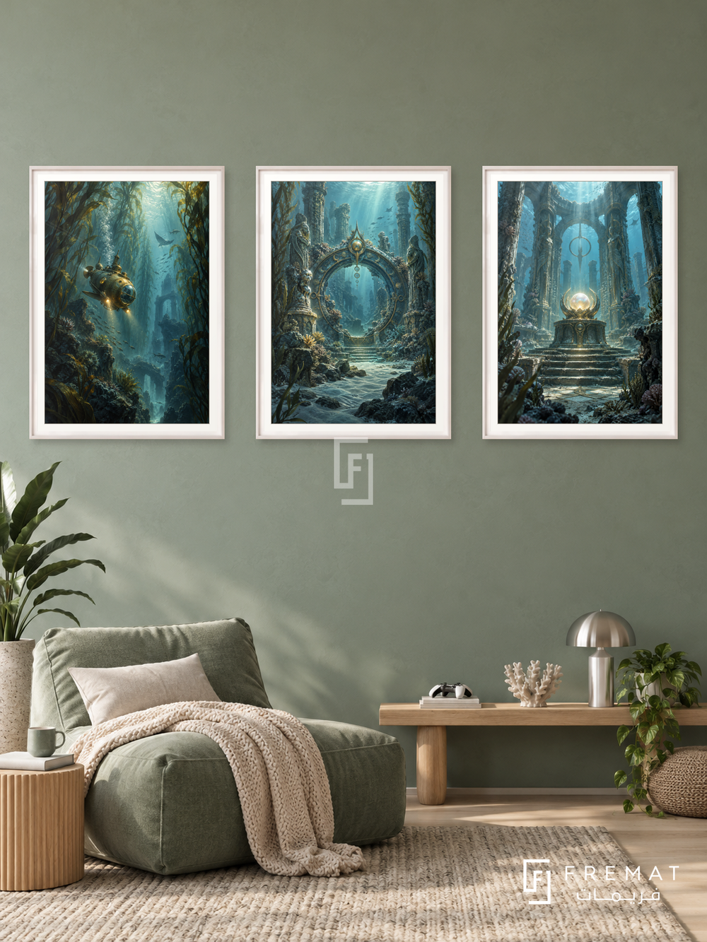 Underwater Quest — set of three complementary gaming artworks in White frames, shown at 50×70 cm each.