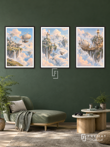 Sky Islands — set of three complementary gaming artworks in Black frames, shown at 50×70 cm each.