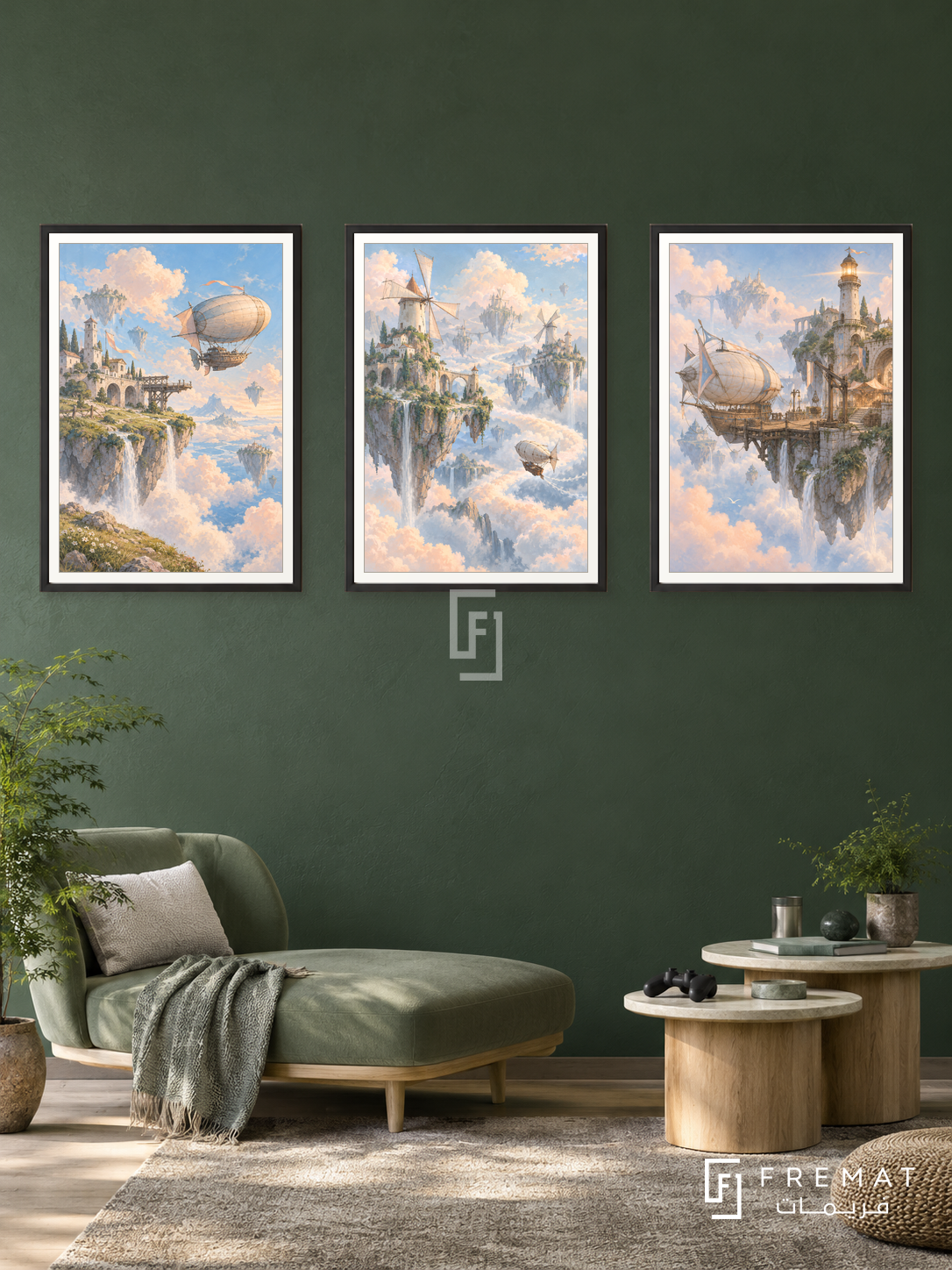 Sky Islands — set of three complementary gaming artworks in Black frames, shown at 50×70 cm each.