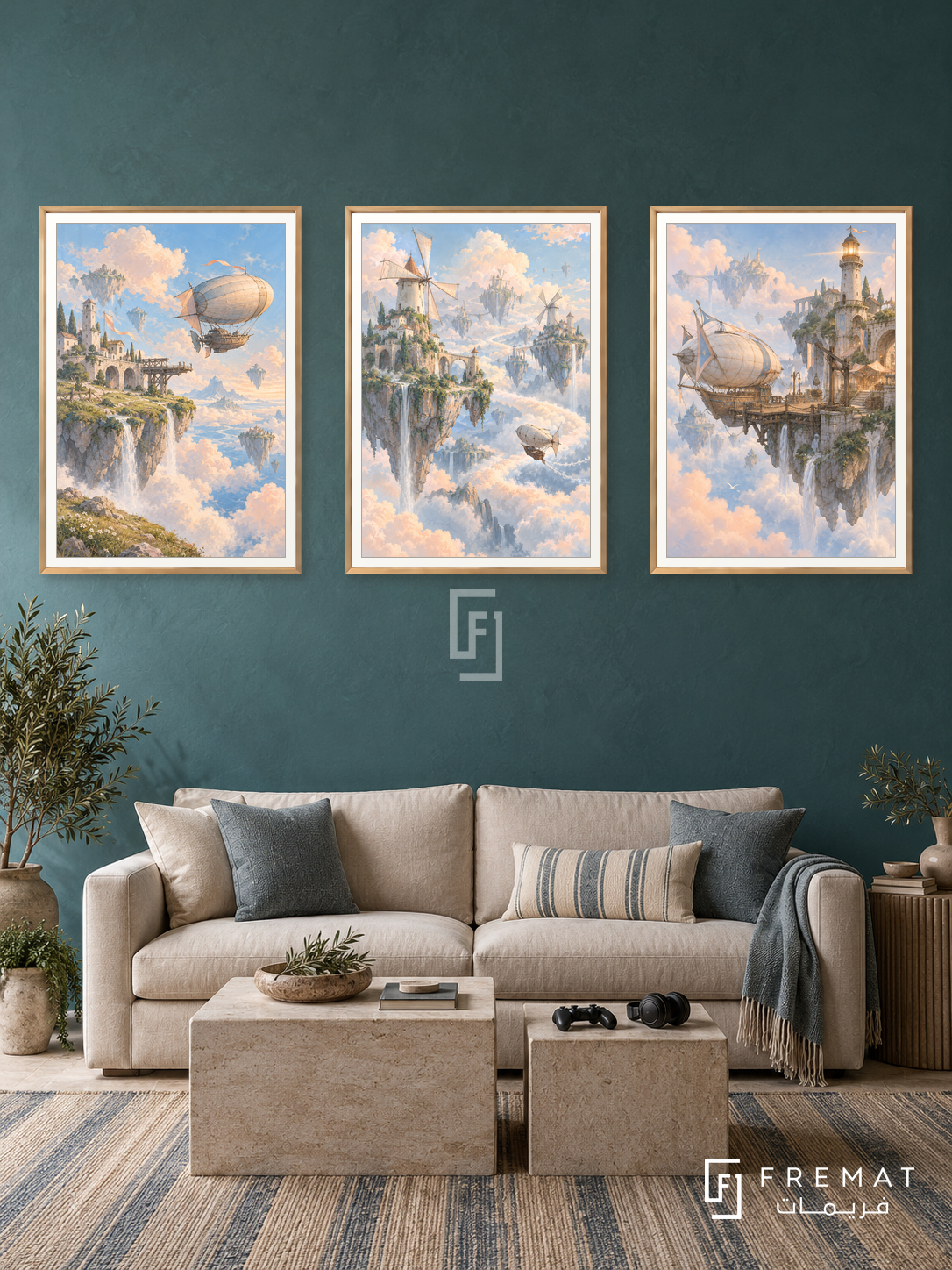 Sky Islands — set of three complementary gaming artworks in Gold frames, shown at 50×70 cm each.