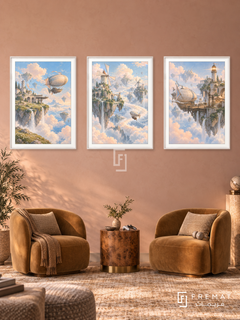 Sky Islands — set of three complementary gaming artworks in White frames, shown at 50×70 cm each.