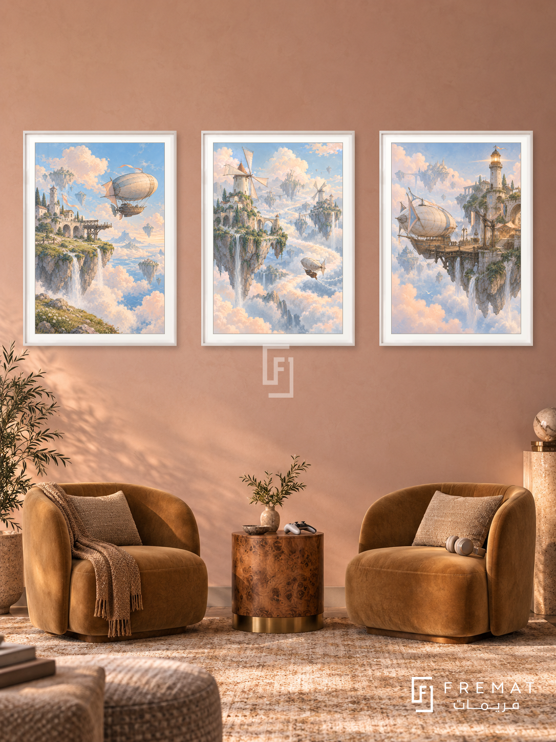 Sky Islands — set of three complementary gaming artworks in White frames, shown at 50×70 cm each.