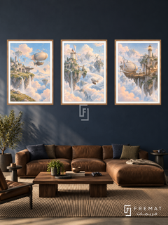 Sky Islands — set of three complementary gaming artworks in Wooden Texture frames, shown at 50×70 cm each.