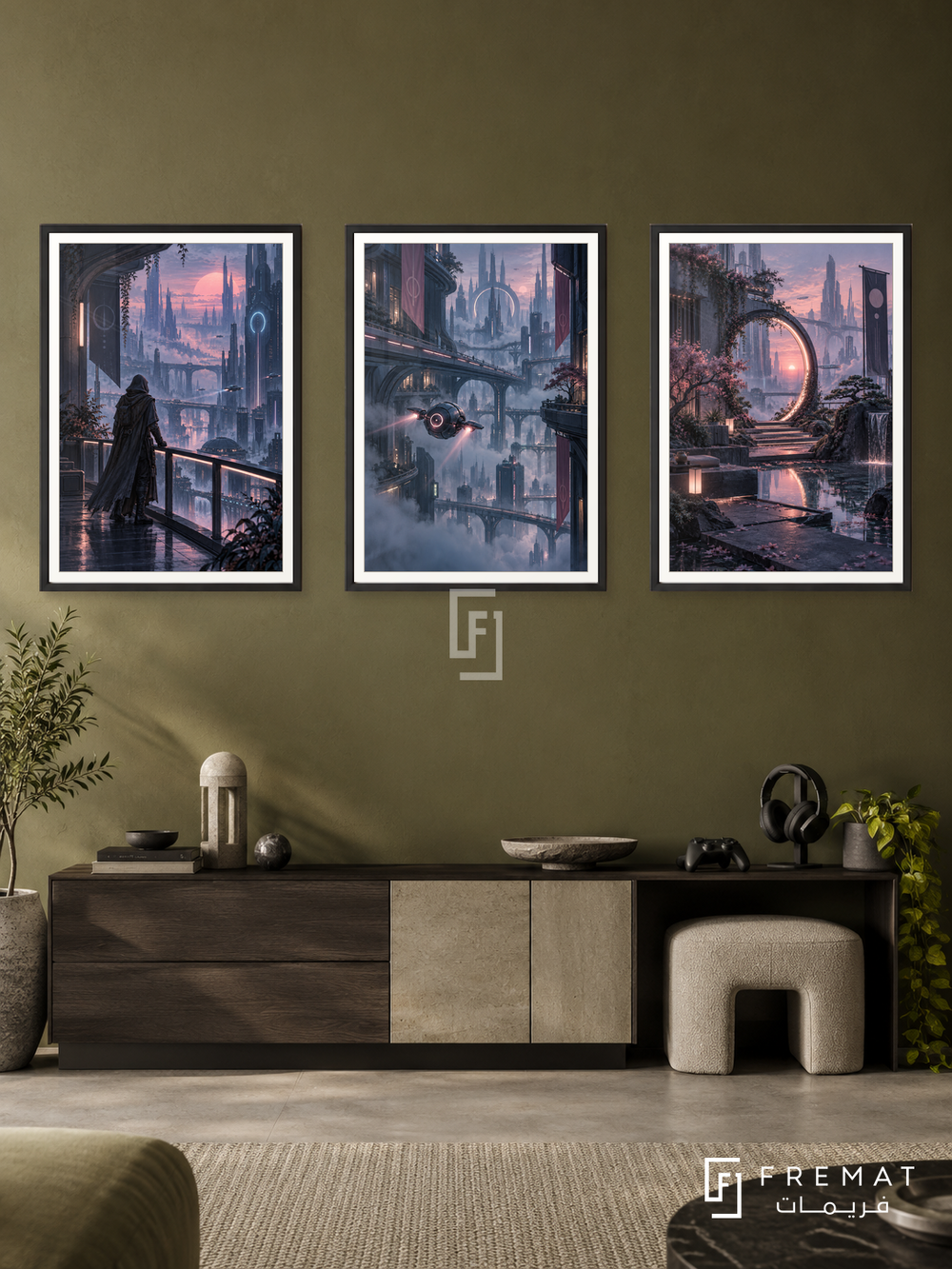 Cyber City — set of three complementary gaming artworks in Black frames, shown at 50×70 cm each.