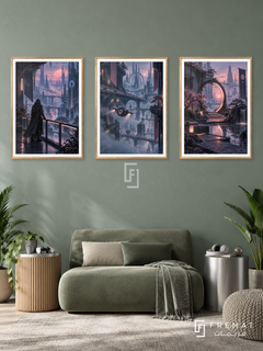 Cyber City — set of three complementary gaming artworks in Gold frames, shown at 50×70 cm each.
