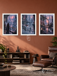 Cyber City — set of three complementary gaming artworks in White frames, shown at 50×70 cm each.