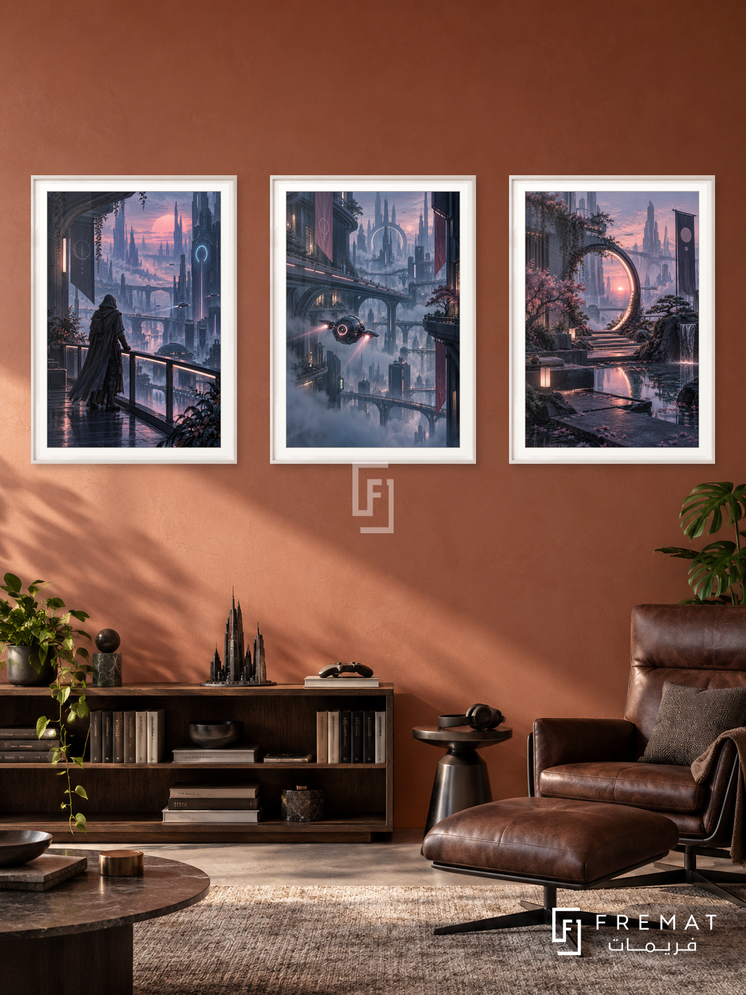 Cyber City — set of three complementary gaming artworks in White frames, shown at 50×70 cm each.