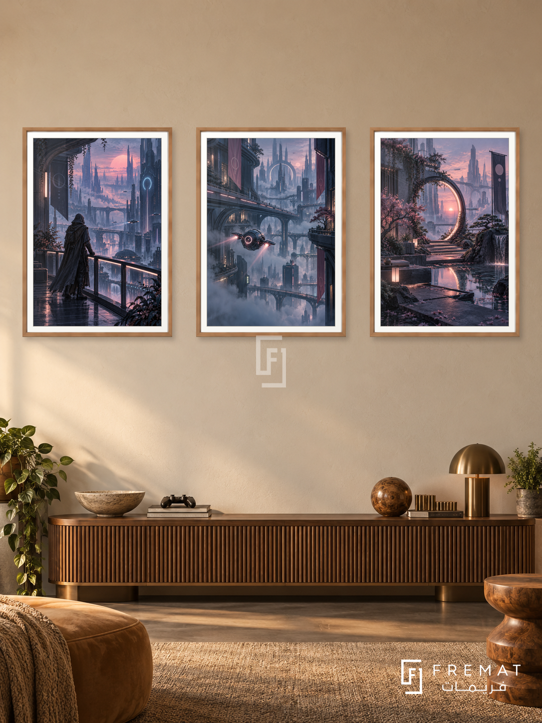 Cyber City — set of three complementary gaming artworks in Wooden Texture frames, shown at 50×70 cm each.