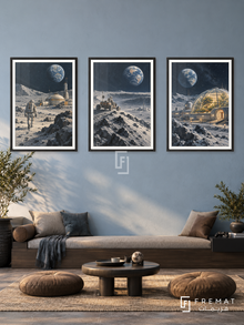 Lunar Base — set of three complementary gaming artworks in Black frames, shown at 50×70 cm each.