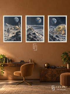 Lunar Base — set of three complementary gaming artworks in Gold frames, shown at 50×70 cm each.