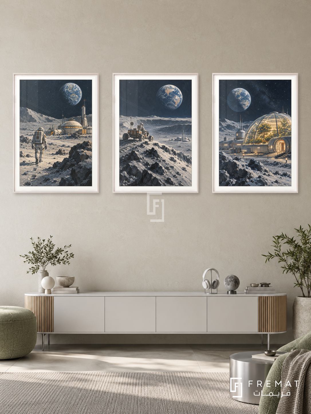Lunar Base — set of three complementary gaming artworks in White frames, shown at 50×70 cm each.