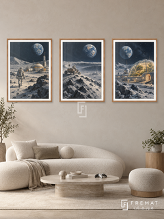 Lunar Base — set of three complementary gaming artworks in Wooden Texture frames, shown at 50×70 cm each.