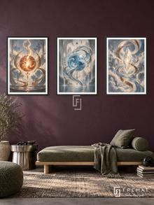 Magic Elements — set of three complementary gaming artworks in Black frames, shown at 50×70 cm each.