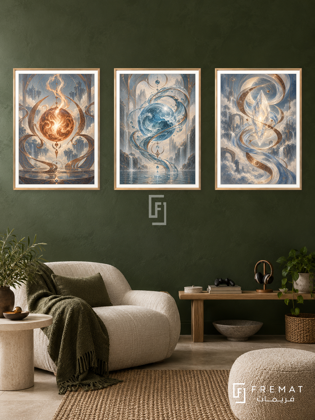 Magic Elements — set of three complementary gaming artworks in Gold frames, shown at 50×70 cm each.
